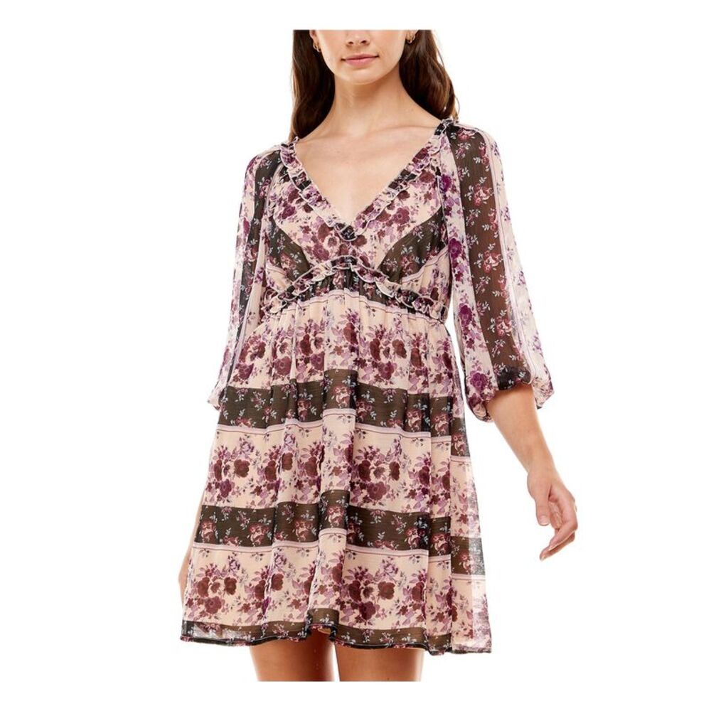 CRYSTAL DOLLS Womens A-Line Dress Purple 3/4 Sleeve Lined Tie Closure Juniors L